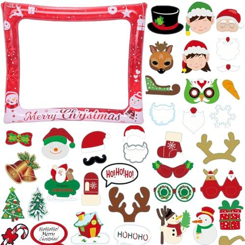 Red Christmas Inflatable Selfie Frame Inflatable Photo Booth Frame with 36Pcs Photo Booth Props,Xmas Inflatable Picture Frame Blow Up Party Prop Kit for Kids Adults Christmas Party Games Accessories