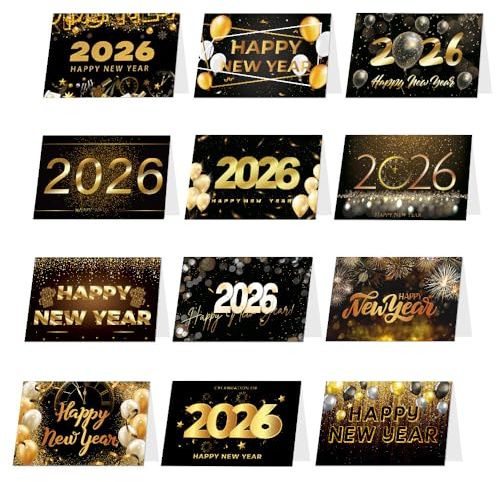 Losuya 12pcs Black Gold 2026 New Year Cards with Envelopes 2026 Happy New Year Greeting Cards Holiday Gifts