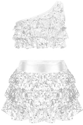Freebily Vestito da Ballo Bambina Latino Americano Monospalla Abito da Ballo Tango Paillettes Crop Top Canotta + Gonna di Danza Classica Culottes Vestito da Pattinaggio Jazz