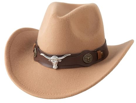 Jastore Kids Western Hats Boys Girls Cowboy Felt Hat Jazz Fedora Cowgirl Hats with Belt Buckle (US, Age, 6 Years, 12 Years, Camel)