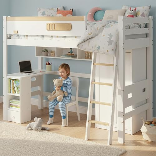 KecDuey Cama Alta para Niños 90 x 200 cm, Litera con Rejilla de Protección, Mesa, Armario y Estantería Abierta - Amplio Espacio de Almacenamiento