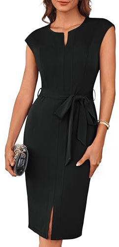 GRACE KARIN Ladies Work Dress with Belt Split Cap Sleeve Bodycon Dress Black M