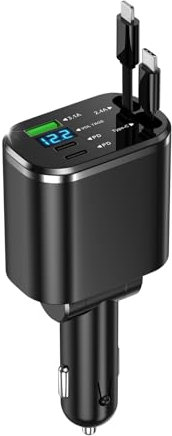 105W Cargador de Coche Retráctil 5-en-1 | Cargador Coche Carga Rápida USB-C | Accesorios Coche con Cable Retráctil | Compatible iPhone 16/15 / 14/13, Samsung S24 /S23, iPad, Galaxy & AirPods.