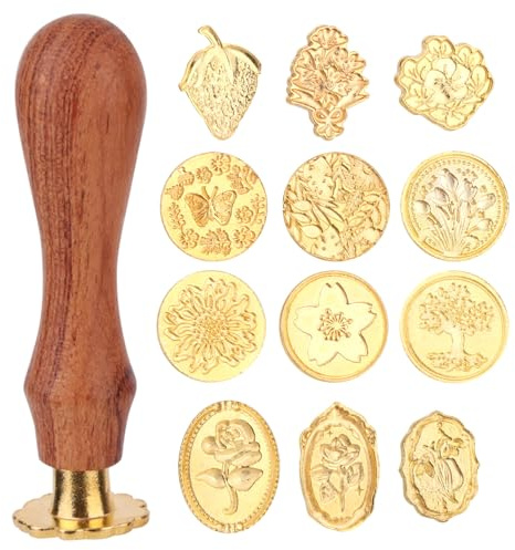 Wax Seal Stamp Kit, 12 Vintage Zinc Alloy Sealing Wax Stamp Heads and 1 Wooden Handle for Invitation Cards Envelopes Gift Decoration DIY Craft Supplies (Style 1)