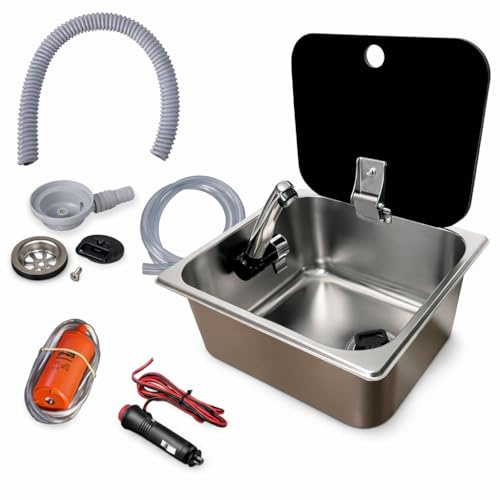 XENPER®️Kit Fregadero Camper Mediano con Tapa GARRAFAS A Elegir – Ideal para Kit Camper Furgoneta, Lavabo Caravana y Cocina Camper, Ideal para Muebles Camper (Grifo Lado Izquierda, SIN GARRAFAS)