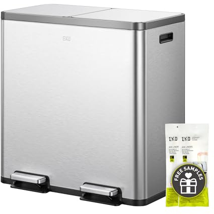 EKO EcoCasa Plus 2 x 10.6 Gal Dual Recycling Trash Can for Kitchen, Large Stainless Steel Step-On Garbage Can with Soft-Close Lids, Odor-Proof and Fingerprint-Resistant, Removable Buckets with Handles
