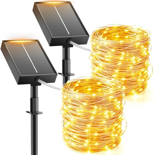Giliwosy Guirnaldas Luces Exterior Solar 2 Packs, 15+2M 150 LED Luces Solares LED Exterior Jardín, 8 Modos IP65 Impermeable Blanco Cálido Cadena Luces LED para Jardin, Terraza, Árbol, Bodas, Fiestas