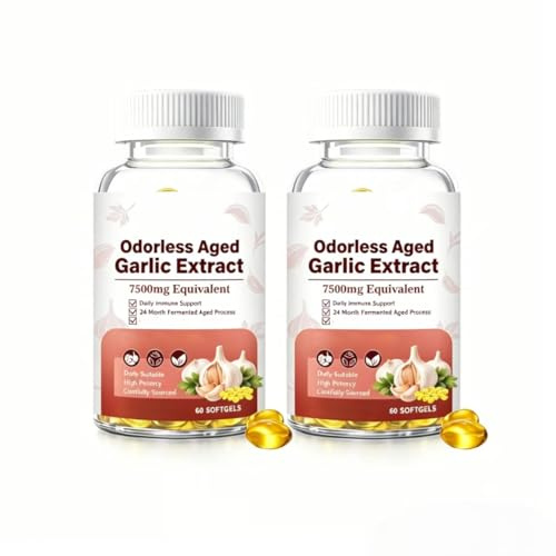 Luktfri lagrad vitlöksextrakt 7500mg, stöder hjärta och immunförsvar, 2-års mognad formel för vuxna, 60 Count,2pcs