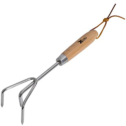 Xclou Kleingrubber in Silber/Braun, Unkrauthacke mit angenehmen Holz-Handgriff, Grubber aus Edelstahl, Gartenwerkzeug mit 3 Zinken, Hand-Kultivator mit Leder- Aufhängeband