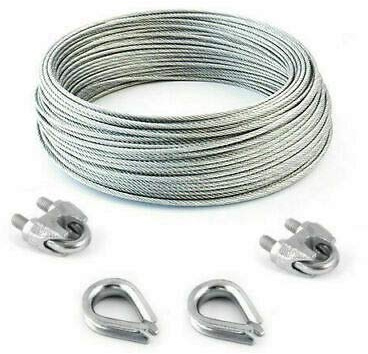 DQ-PP stållina SET | 3 mm 6 x 7 medium mjuk | Förzinkad av stål | Byte 3 mm | Spänningslås kroköglor M5 | linsklämma bygel 3 mm | ledtråd för rankhjälp rep stål tråd skogsrep vindrep spännlina 50m Set 2