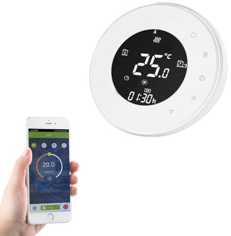Qiumi Termostato Redondo WiFi para calefacción Individual de calderas de Gas/Agua Funciona con Amazon Alexa, Google Home IFTTT, Contacto seco, 5A 95~240V AC