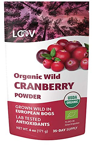 LOOV polvere biologica di mirtillo rosso americano, 100% bacche intere di mirtillo rosso americano biologico, bacche liofilizzate in polvere senza zuccheri aggiunti, crudo, 171 g, scorta da 35 giorni