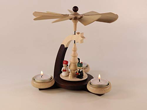 Ulrich Kunsthandwerk Design-Teelichtpyramide braun/Natur + Tüllen Natur mit Engel, Bergmann, Nussknacker, für 3 Teelichter Höhe 19 cm NEU Weihnachtspyramide Holzpyramide