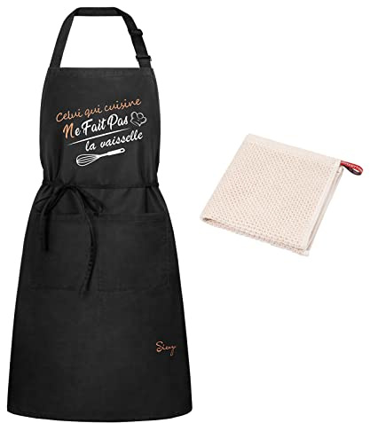 Sienzo Tablier de Cuisine Homme Femme,Imperméable Tabliers avec Poches,Tablier Noir Professionnel pour Barbecue Chef Jardin Café Serveur Restaurant(1x Noir Tablier + 1 X Torchon)