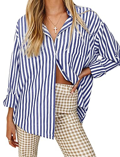 thefabland Women's Blouses Striped Long Sleeve Shirts Button Down Loose Fit Casual Tops