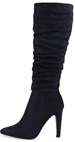 VAN HILL Damen High Heels Stiefel Leicht Gefütterte Stiletto Slouch Boots Wildleder-Optik Schuhe Klassische Absatzschuhe 610601 Dunkelblau 37