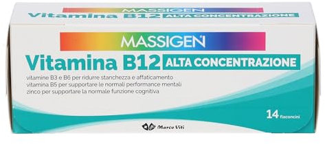 Massigen - Vitamina B12 Alta Concentrazione, Integratore Alimentare con Zinco e Vitamine B6, B3 e B5, Riduce Stanchezza e Supporta Funzioni Cognitive, 14 Flaconcini da 8 ml