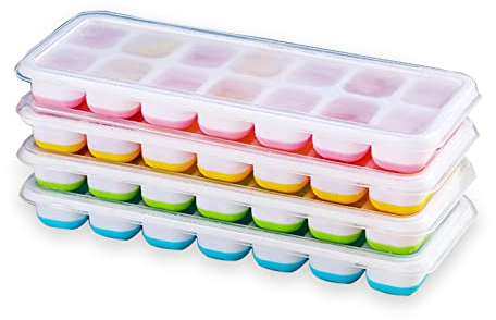 RUNMKUO 4 Pezzi Stampo Cubetti di Ghiaccio con Coperchio,56 Stampo Cubetti Ghiaccio in Silicone, Certificato LFGB - Senza BPA,Impilabile e Facile da Usare e Pulire