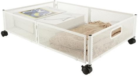 WOPPLXY Underbed Storage on Wheels - Metal Under Bed Storage Drawer with Wheels - Foldable Underbed Organiser Cart - White