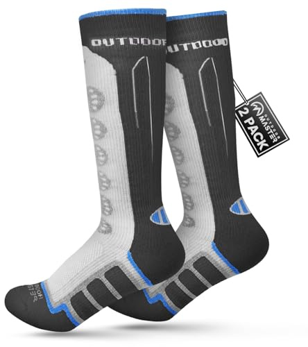 OutdoorMaster Kids Ski Socks, 2-Pack Merino Wool Winter Compression Thermal Socks with Boys & Girls, Over The Calf Non-Slip Cuff for Skiing, Snowboarding, Skating - (S,Black Gray-2)