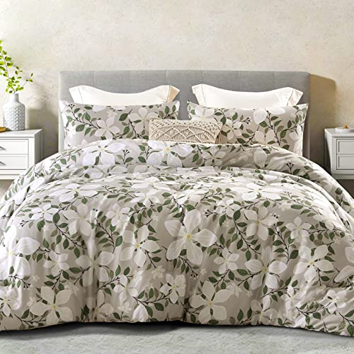 Whale Flotilla Couette 220 x 230 cm, Couette Couverture Respirante et Super Douce pour 4 Saisons avec 2 Taies d'oreiller, pour lit 2 Personnes, Fleurs Beige