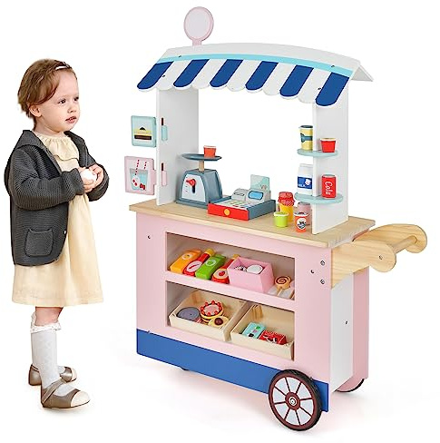 Maxmass Kids Play Food Cart, Children Shop Trolley Playset with 30 PCS Accessories, Universal Wheel, Scale and Register, Wooden Grocery Store Marketplace Toy for 3+ Year Old (Pink)