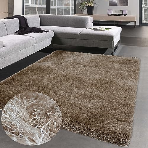 CARPETIA Teppich weich Hochflor Langflor Wohnzimmer Schlafzimmer Gästezimmer glänzend Dunkles Beige/Braun 120 x 170 cm