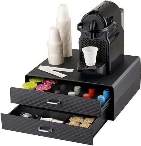 Baroni Home Tiroir Porte-Dosettes de Café, Organisateur Universel 30 capsules Nespresso et Dolce Gusto, pour accessoires et thé, Compact en Plastique Résistant, 2 Tiroirs, 34x13x34 cm, Noir