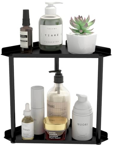 Jesginboo 2-Ebenen Eckregal Badezimmer Stehend,Metall Countertop Eckregal Klein Make-up Organizer Gewürzregal Standregal Arbeitsplatte Aufbewahrungsregal Ständer für Bad Küche Schmal, Schwarz