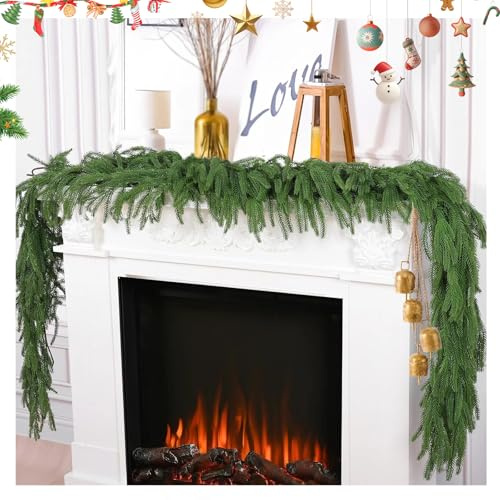 Ghirlande Artificiali di Pino Norfolk 270cm,Real Touch Ghirlande Natalizie Finte con Pino Finto e Piante Verdi Finte per Christmas Decorazione Natalizia per Esterno ed Interni Scale Porta Camino Verde