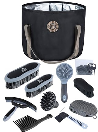 Harrison Howard Kit per la toelettatura dei cavalli, 9 pezzi, serie Equine Care, set di spazzole per cavalli con borsa organizer nera