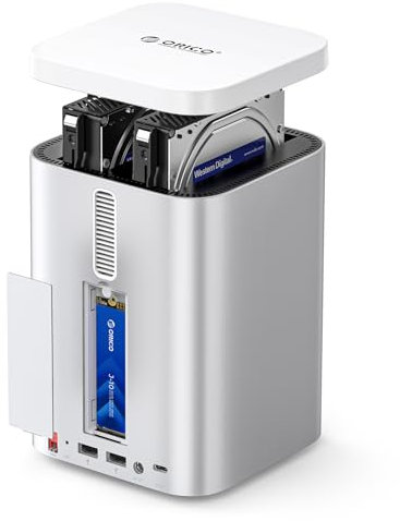 ORICO MiniTower 2 Bay RAID Festplattengehäuse für 2.5/3.5-Zoll SATA HDD/NVMe SSD, Gehäuse mit Expansion Docking Station für Mac mini M4,Mac Book, Macs, bis zu 56TB,10Gbps USB C Hub-M435