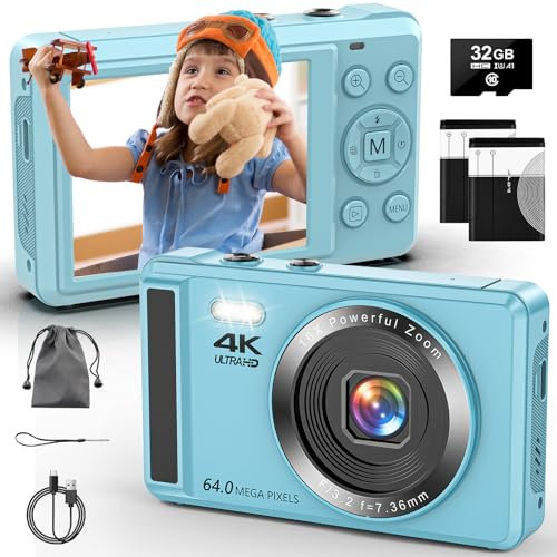 4K Digitalkamera mit 32 GB TF-Karte 64 MP Autofokus Fotoapparat mit 16X Digitalzoom Tragbar Kompaktkamera mit wiederaufladbare 2 1200mAh Batterien, USB-Kabel, für Teenager Erwachsene Anfänger