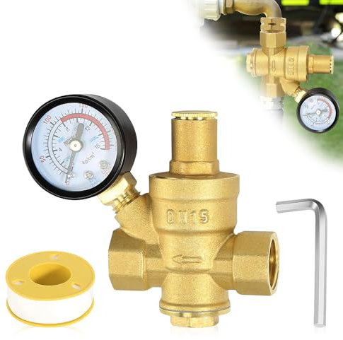 Riisoyu Régulateur de pression 1/2 pouce eau DN15, Réducteur de pression en laiton de la vanne vannes de régulation de débit de douche réducteur de avec Manomètre et 2 outils