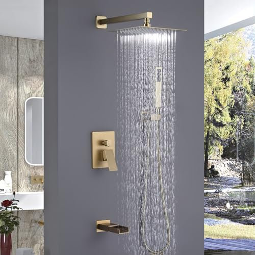 Grifo Ducha Empotrada Oro Cepillado Cabezal de Ducha Lluvia Cuadrado 10'' Grifo Bañera y Ducha 3 Salidas,oro Cepillado