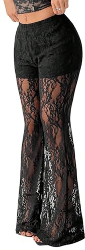 SweatyRocks pantalon évasé transparent pour femme - Tenue Techno sexy - Dentelle - Élégant - Pantalon d'été - Festival - Noir, L