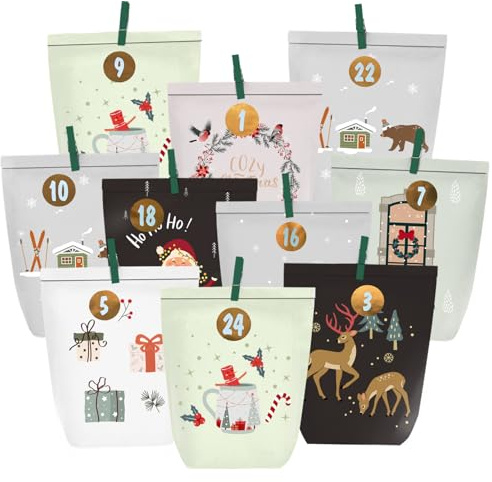 PANSIBY Calendario de Adviento para rellenar, 24 bolsas de papel de Navidad para manualidades, bolsas de Adviento de papel con pegatinas de números para rellenar