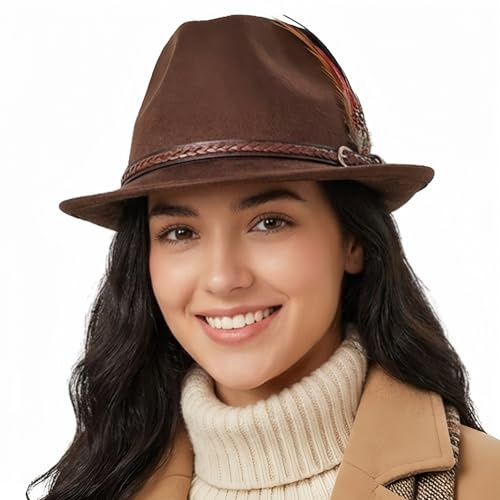 howkuhat Fedora Hat for Men Classic Winter Trilby Hat for Men Felt Jazz Hats for Men UK Short Brim Adjustable Fedora Hats for Women with Belt Feather (UK, Alpha, One Size, Brown)