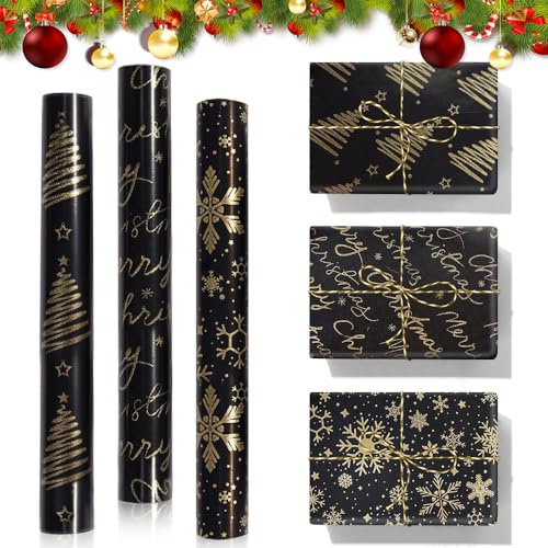 Udbrud 3 rotoli di carta da regalo per compleanno, colore nero, oro, per la festa dei bambini, San Valentino, 43 cm x 3 m