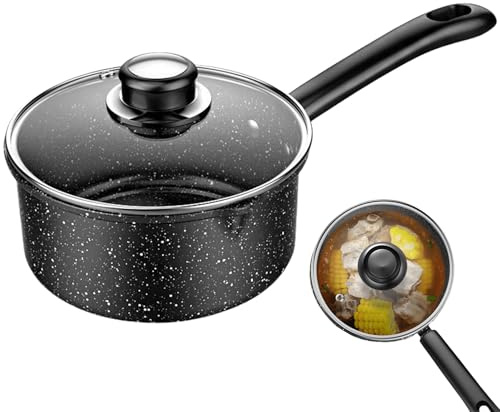 Cazo con tapa, diámetro de 16 cm, aprox. 1,5 L, mango largo resistente al calor, olla con boquilla, sartén antiadherente para inducción, olla de leche con tapa visible