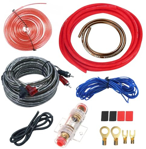 PORFOYO 4GA, set di cavi amplificatori per auto, 5 metri, set di cavi per amplificazione di uscita, cavo per subwoofer, cavo audio per auto con cavo RCA, portafusibili, capicorda forcella per