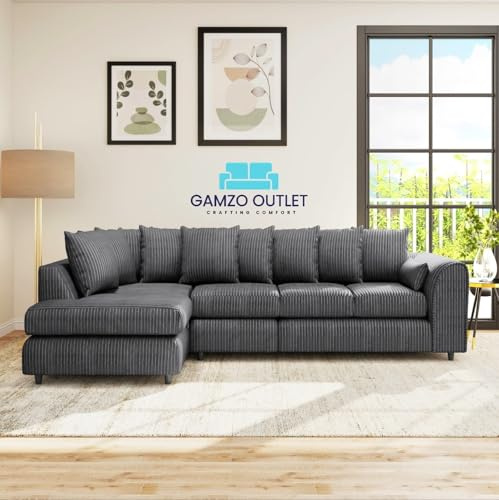 Gamzo Jumbo Cord Corner Sofa Left Hand Facing XL L Shaped Sofa, Grey | Made in Britain | Firm Sitting Support | Removable Cushions | Jumbo Cord Fabric | Memory Foam Cushions
