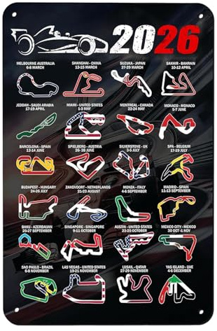YNR Pósteres de diseño de pista de carreras de Fórmula 2026, cartel de metal de circuito de Grand Prix F1 de 20 x 30 cm, obra de arte de aluminio con paneles de pared de circuitos F1, póster de