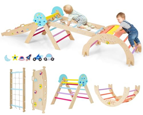 FANTASK Holz Klettergerüst 4er Set, Klappbares Kletterdreieck mit Rutsche, Bogen, Netz & Doppelseitiger Rampe, inkl. Bausteine & 2 Autos, Universum Sprossendreieck für Kinder ab 1 Jahr (Bunt)