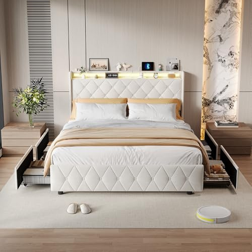 DADEA Cama Matrimonio 160x200 con 4 Cajones, Camas Matrimoniales con LED y USB, Cama Tapizada 160x200 con AlmacenajeCama Acolchada con CajonesCama Capitonada Camas Adultos con Cabecero, Sin colchón