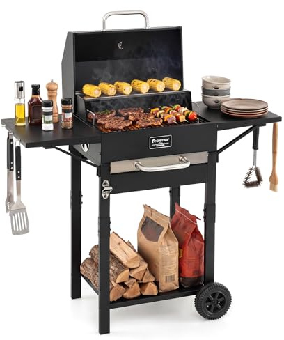 COSTWAY Barbacoa Carbón y Leña XL con Ruedas, Tapa, 110 x 43 x 105 cm
