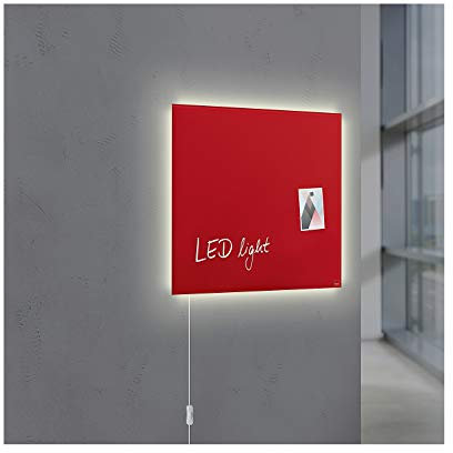 SIGEL GL402 Premium Glas-Magnettafel 48 x 48 cm mit LED-Beleuchtung, rot hochglänzend, SGS geprüft, einfache Montage, incl. 3 Magnete, Artverum