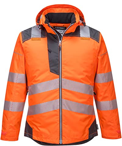Portwest T400 Men's PW3 Lightweight Hi Vis Hooded Work Jacket Reflective Full Zip Safety Utility Quilt Lined Waterproof Workwear Orange/Black, 3X-Large
