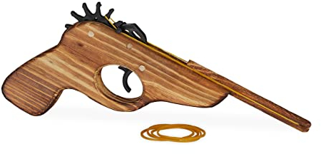 Relaxdays 10023496 Gummiband Pistole, Spielzeugpistole aus Holz, mit 5x Gummiband, lustiger Spielspaß für Kinder, outdoor, natur