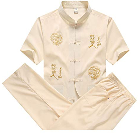 Herren Chinesische Tradition Kostüm Tang-Anzug Tai Chi Uniform Kung Fu Kurze Ärmel Shirts + Hose Khaki 40